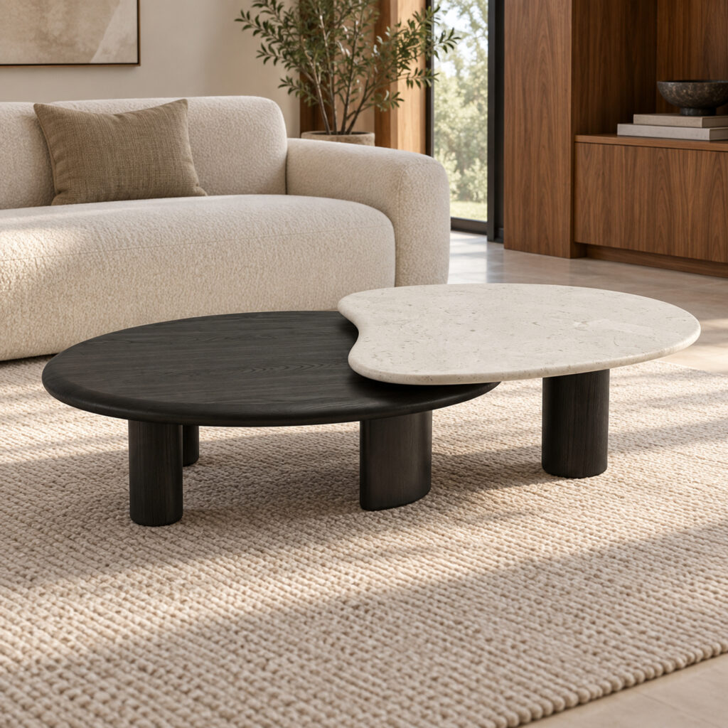 Black and White Overlap Coffee Table with Marble and Wood Veneer — closer room view