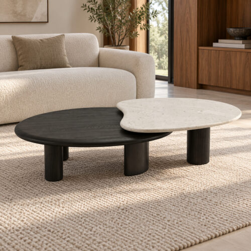 Black and White Overlap Coffee Table with Marble and Wood Veneer — closer room view