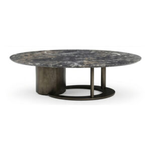 Grey Mottled Sintered Stone Coffee Table with Open-Loop Base — supplier studio view showing the complete product
