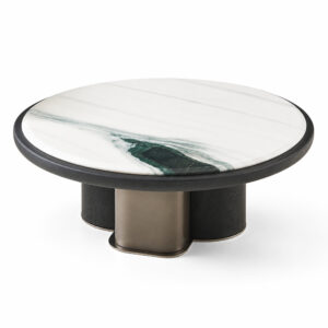 Round Black Coffee Table with White Artificial-Marble Top — studio product view