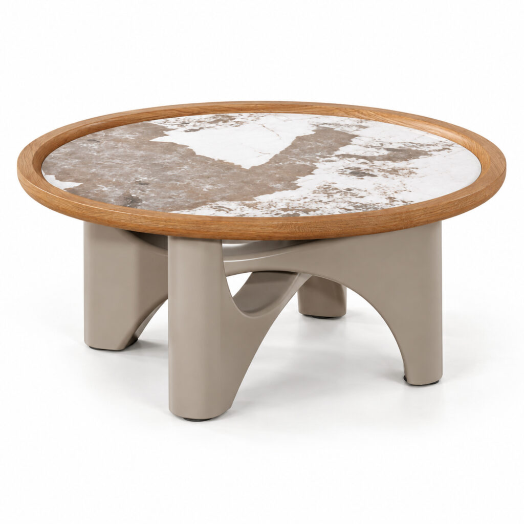 Round Grey Coffee Table with Sintered-Stone Top and Arched Base — studio product view