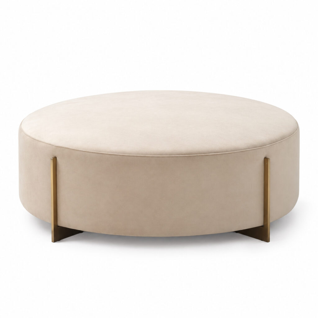 Cream Round Fabric Ottoman with Titanium-Alloy Legs — studio front view