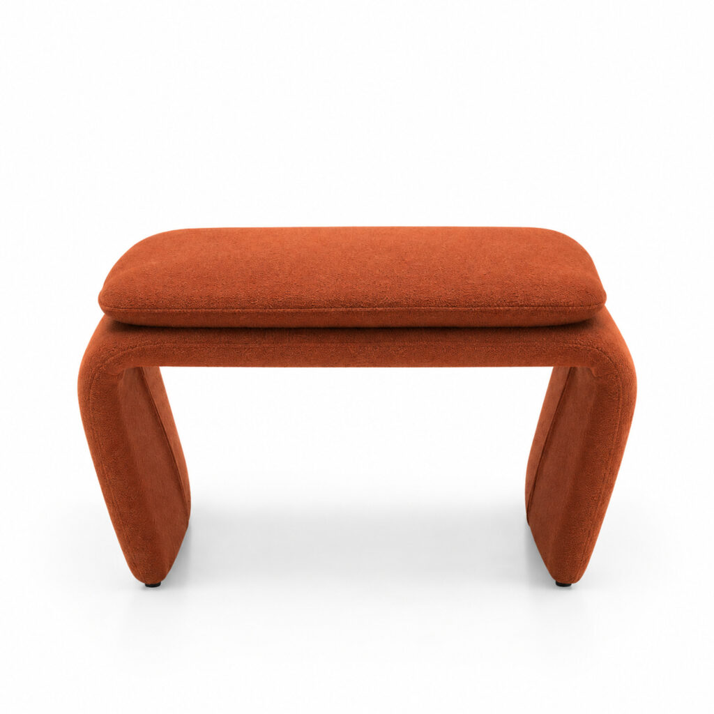 Rylan Camel Fabric Footstool with Curved Upholstered Supports — studio front view