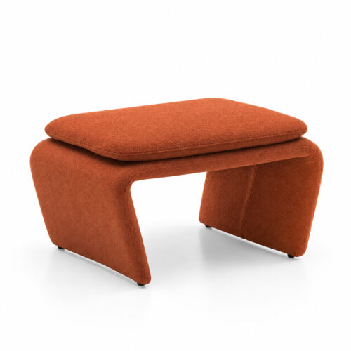 Rylan Camel Fabric Footstool with Curved Upholstered Supports — studio three-quarter view