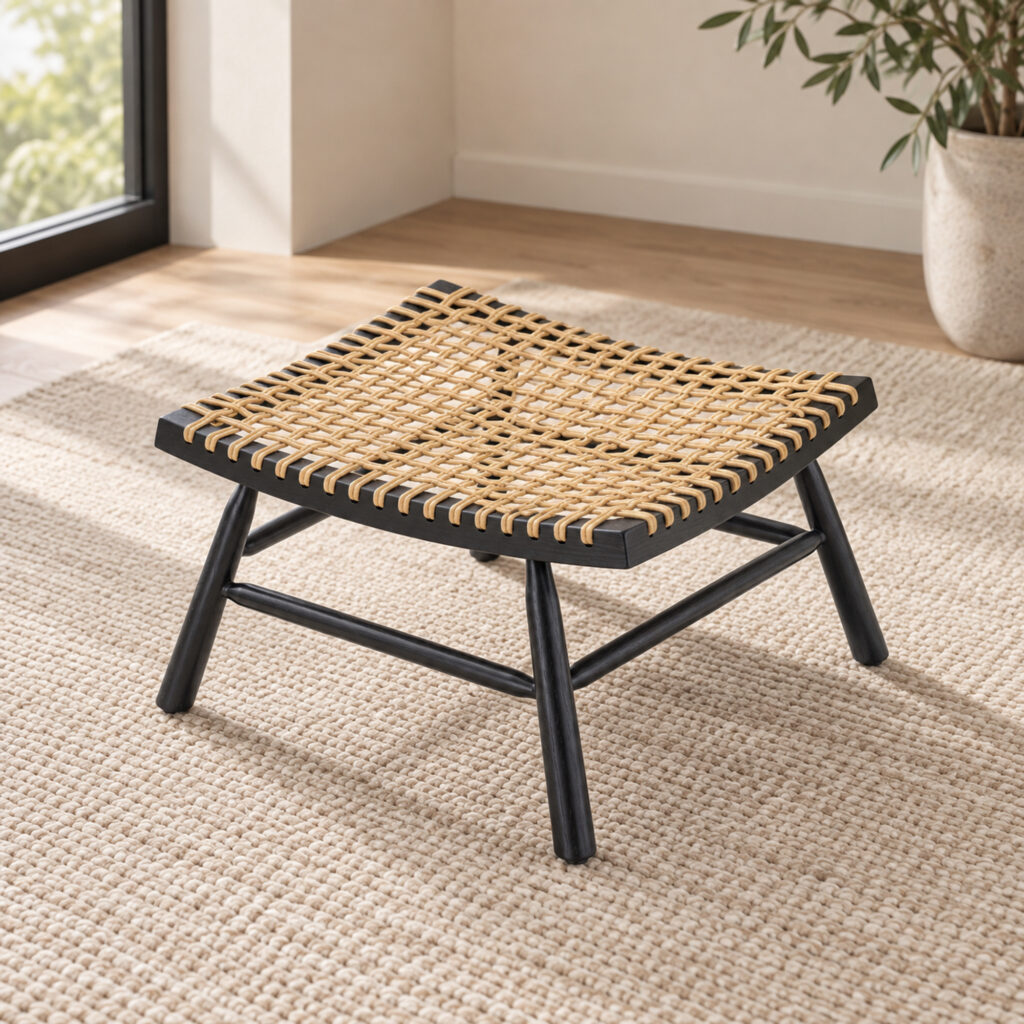 Marlow Black Ash-Wood and Natural-Tone PE Rattan Footstool — elevated view on a pale rug