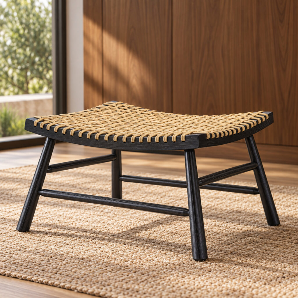 Marlow Black Ash-Wood and Natural-Tone PE Rattan Footstool — low view showing curved seat
