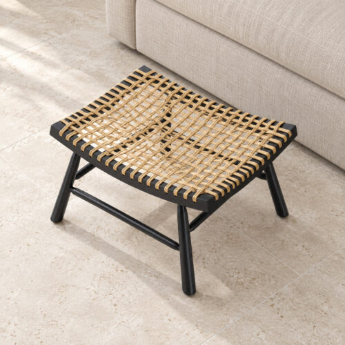 Marlow Black Ash-Wood and Natural-Tone PE Rattan Footstool — high view of woven seat