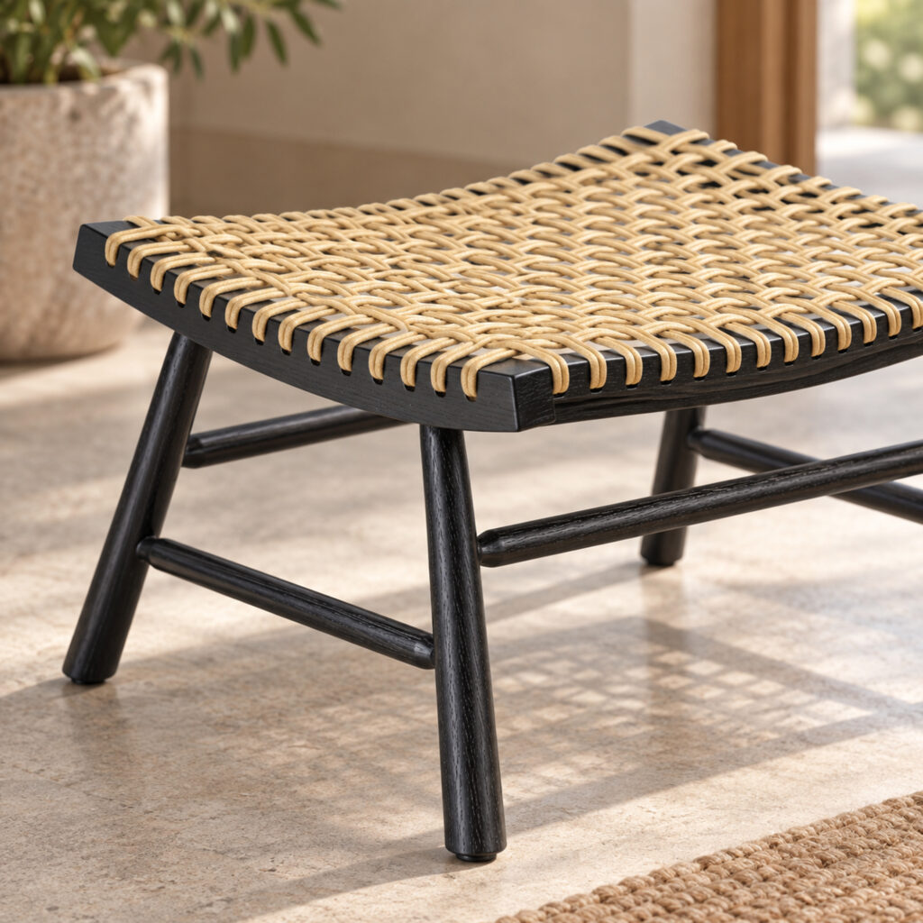 Marlow Black Ash-Wood and Natural-Tone PE Rattan Footstool — close view of weave and black frame