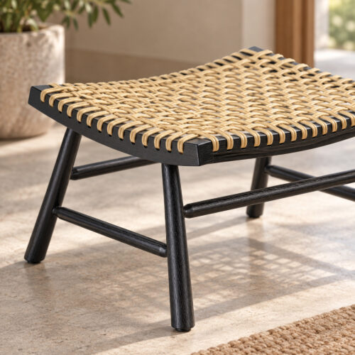 Marlow Black Ash-Wood and Natural-Tone PE Rattan Footstool — close view of weave and black frame
