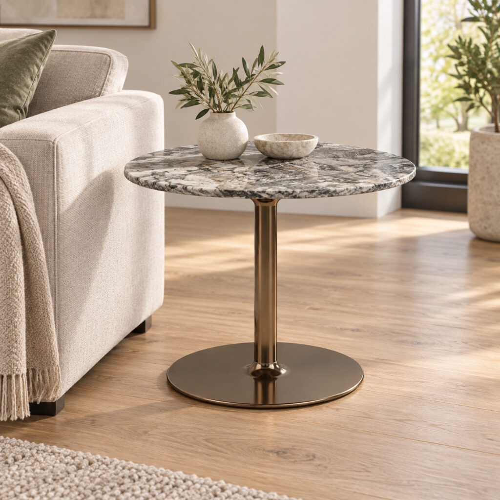 Grey Swirl Sintered Stone Pedestal Side Table — round tabletop and pedestal beside an armchair
