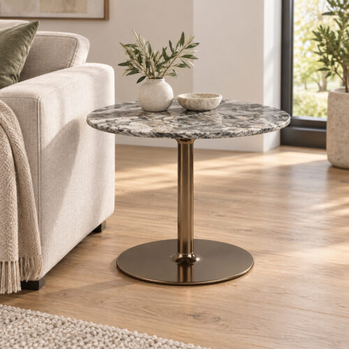 Grey Swirl Sintered Stone Pedestal Side Table — round tabletop and pedestal beside an armchair