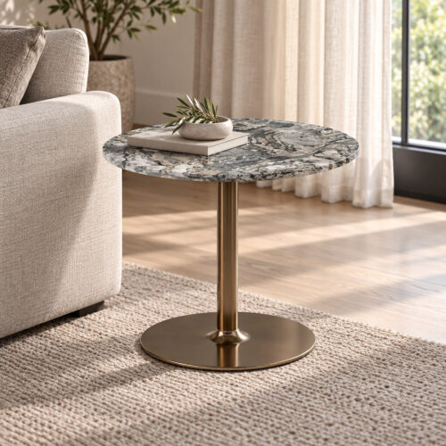 Grey Swirl Sintered Stone Pedestal Side Table — side table with books beside a window