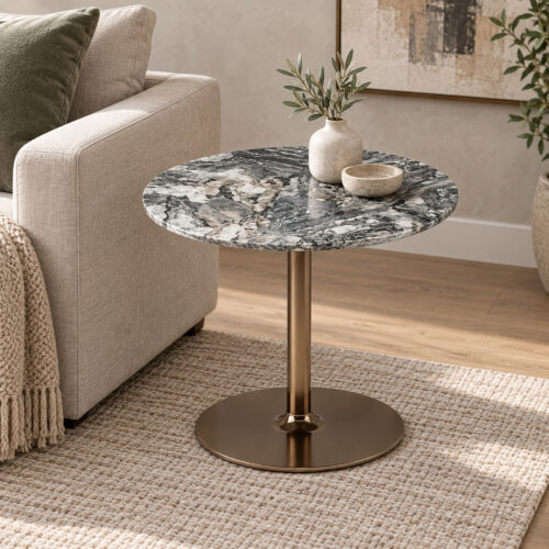 Grey Swirl Sintered Stone Pedestal Side Table — elevated view of patterned tabletop and bronze-coloured pedestal