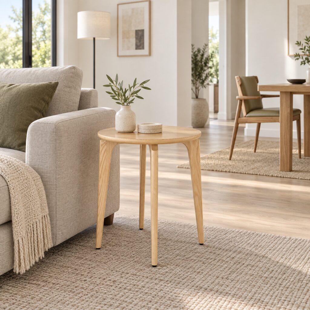 Natural Ash Round Side Table — 50 cm — styled room view 1