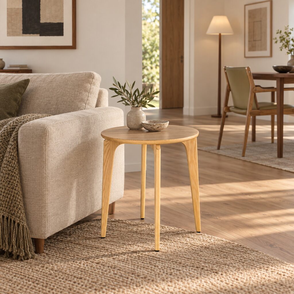 Natural Ash Round Side Table — 50 cm — styled room view 2