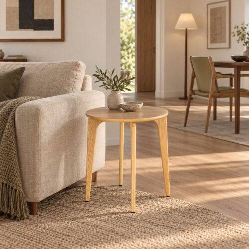 Natural Ash Round Side Table — 50 cm — styled room view 2