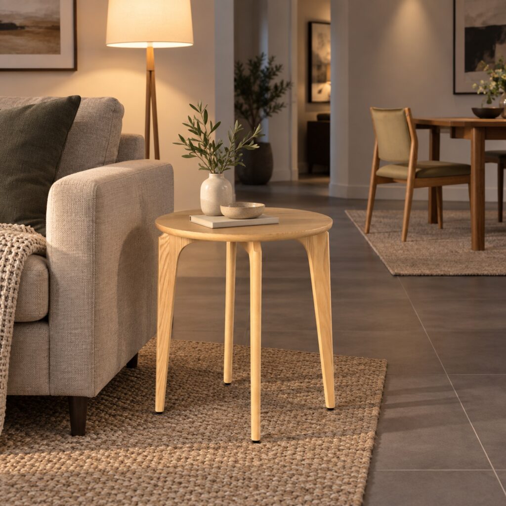 Natural Ash Round Side Table — 50 cm — styled room view 5