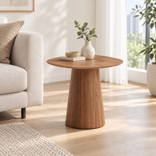 Walnut-Tone Round Side Table with Curved Pedestal — styled room view 1