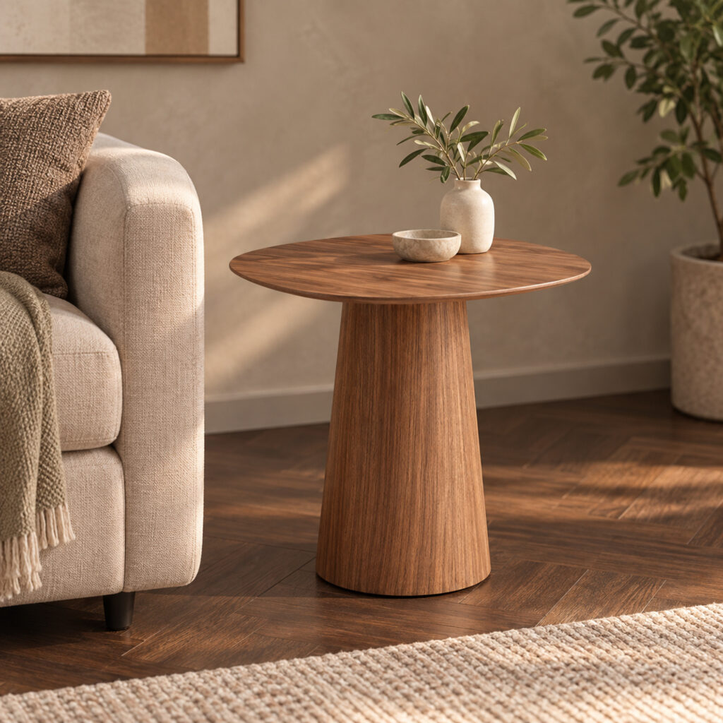Walnut-Tone Round Side Table with Curved Pedestal — styled room view 2