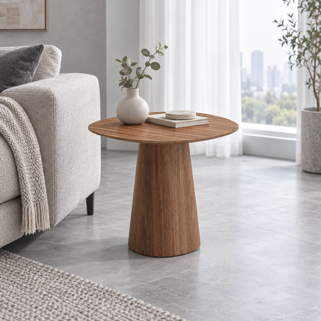 Walnut-Tone Round Side Table with Curved Pedestal — styled room view 3