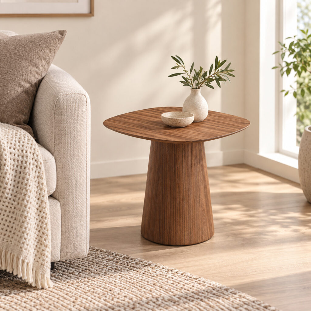 Walnut-Tone Round Side Table with Curved Pedestal — styled room view 4