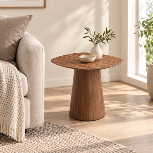 Walnut-Tone Round Side Table with Curved Pedestal — styled room view 4