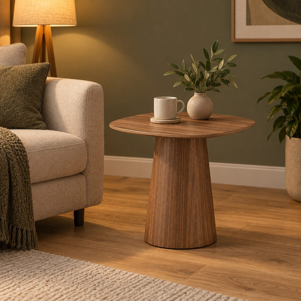 Walnut-Tone Round Side Table with Curved Pedestal — styled room view 5