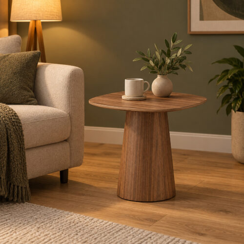 Walnut-Tone Round Side Table with Curved Pedestal — styled room view 5