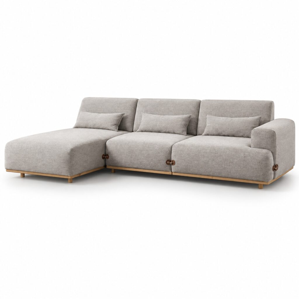 Light Coffee L-Shaped Fabric Sofa with Wood Base — studio product view