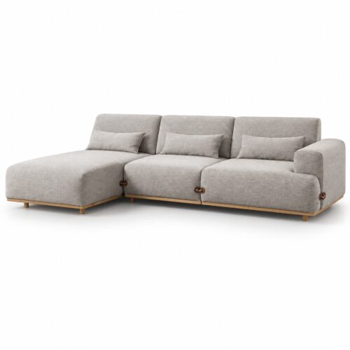 Light Coffee L-Shaped Fabric Sofa with Wood Base — studio product view