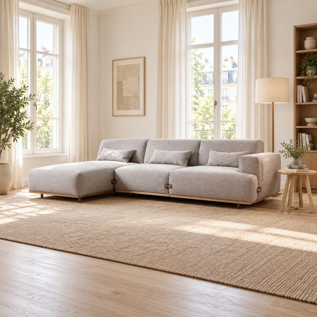 Light Coffee L-Shaped Fabric Sofa with Wood Base — styled room view 1