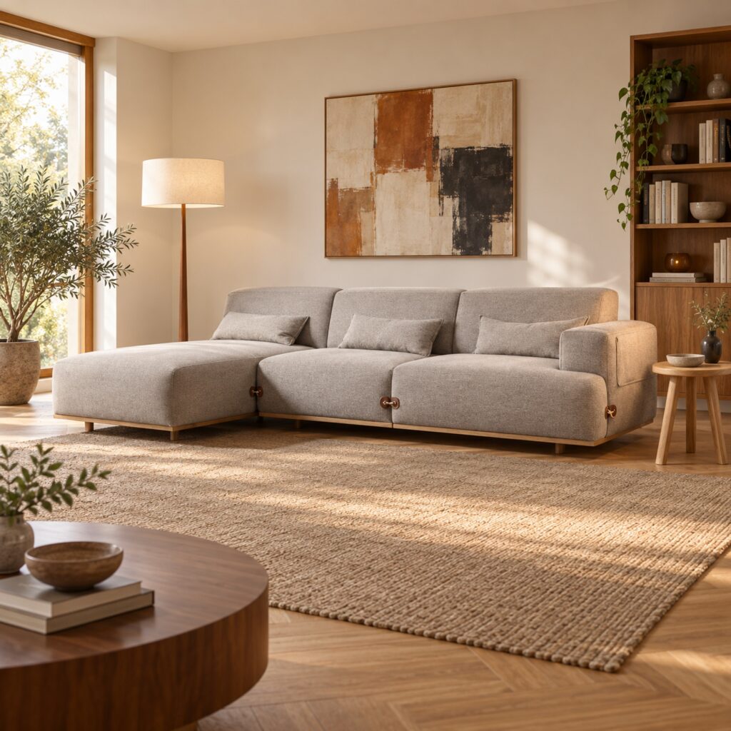 Light Coffee L-Shaped Fabric Sofa with Wood Base — styled room view 2