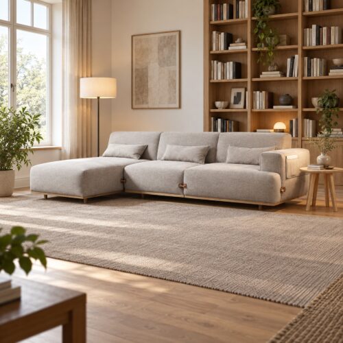 Light Coffee L-Shaped Fabric Sofa with Wood Base — styled room view 3