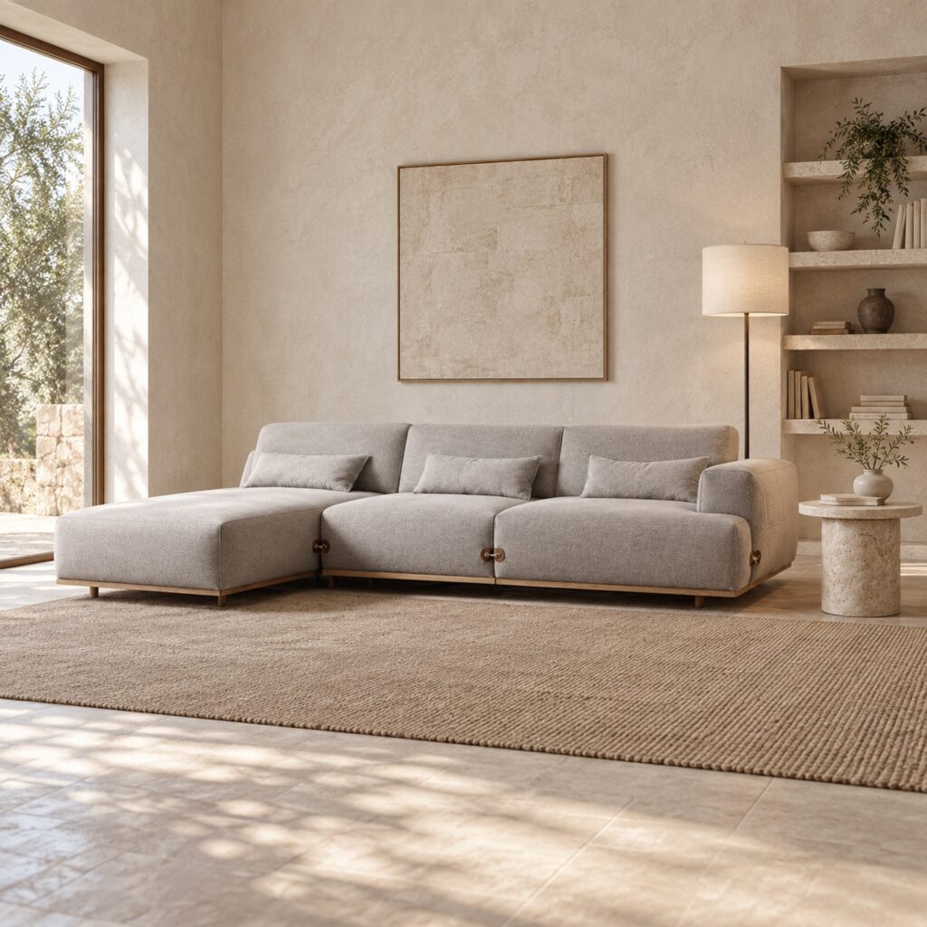 Light Coffee L-Shaped Fabric Sofa with Wood Base — styled room view 4