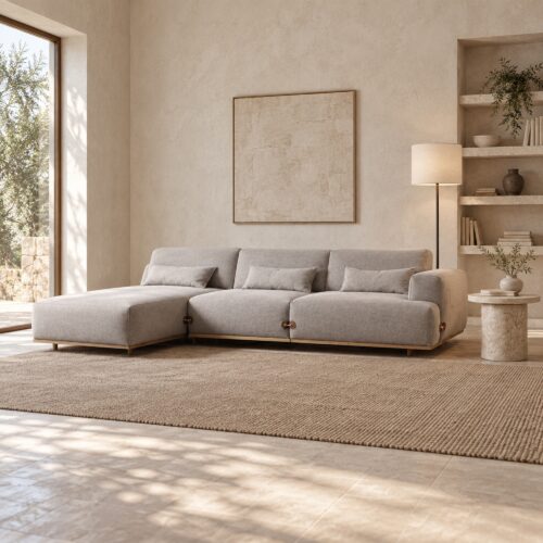 Light Coffee L-Shaped Fabric Sofa with Wood Base — styled room view 4