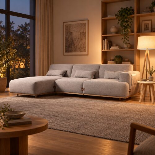 Light Coffee L-Shaped Fabric Sofa with Wood Base — styled room view 5