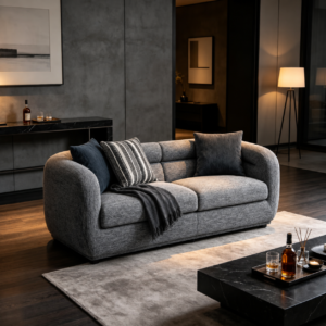 Compact light grey fabric sofa with rounded arms in a softly lit living room
