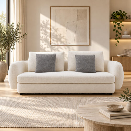 Cream Three-Seat Fabric Sofa with Foam-and-Down Filling — room setting 1
