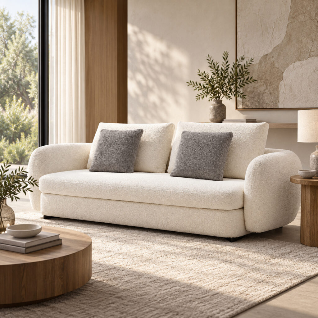 Cream Three-Seat Fabric Sofa with Foam-and-Down Filling — room setting 2