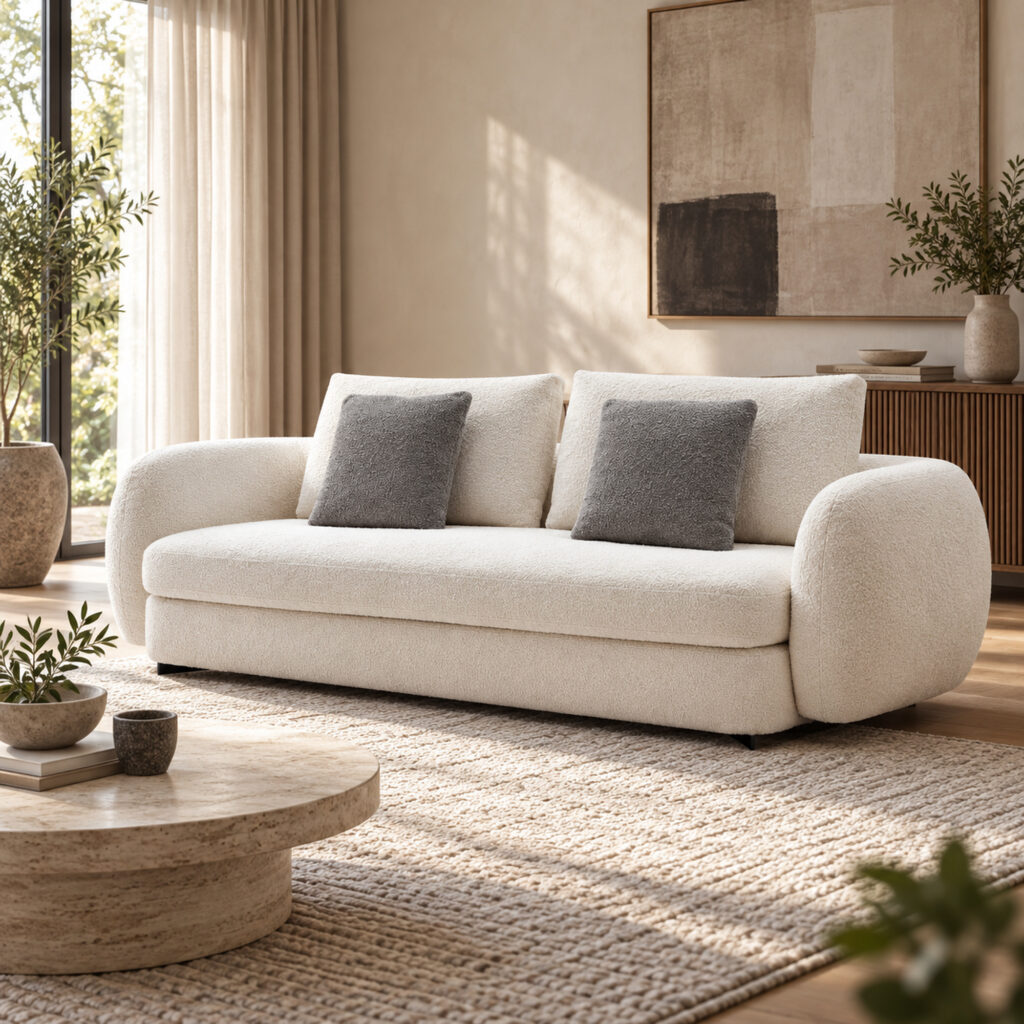 Cream Three-Seat Fabric Sofa with Foam-and-Down Filling — room setting 3