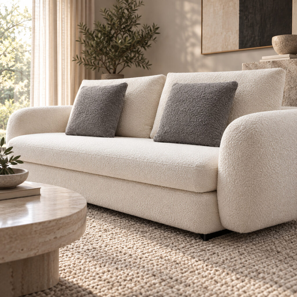 Cream Three-Seat Fabric Sofa with Foam-and-Down Filling — room setting 5