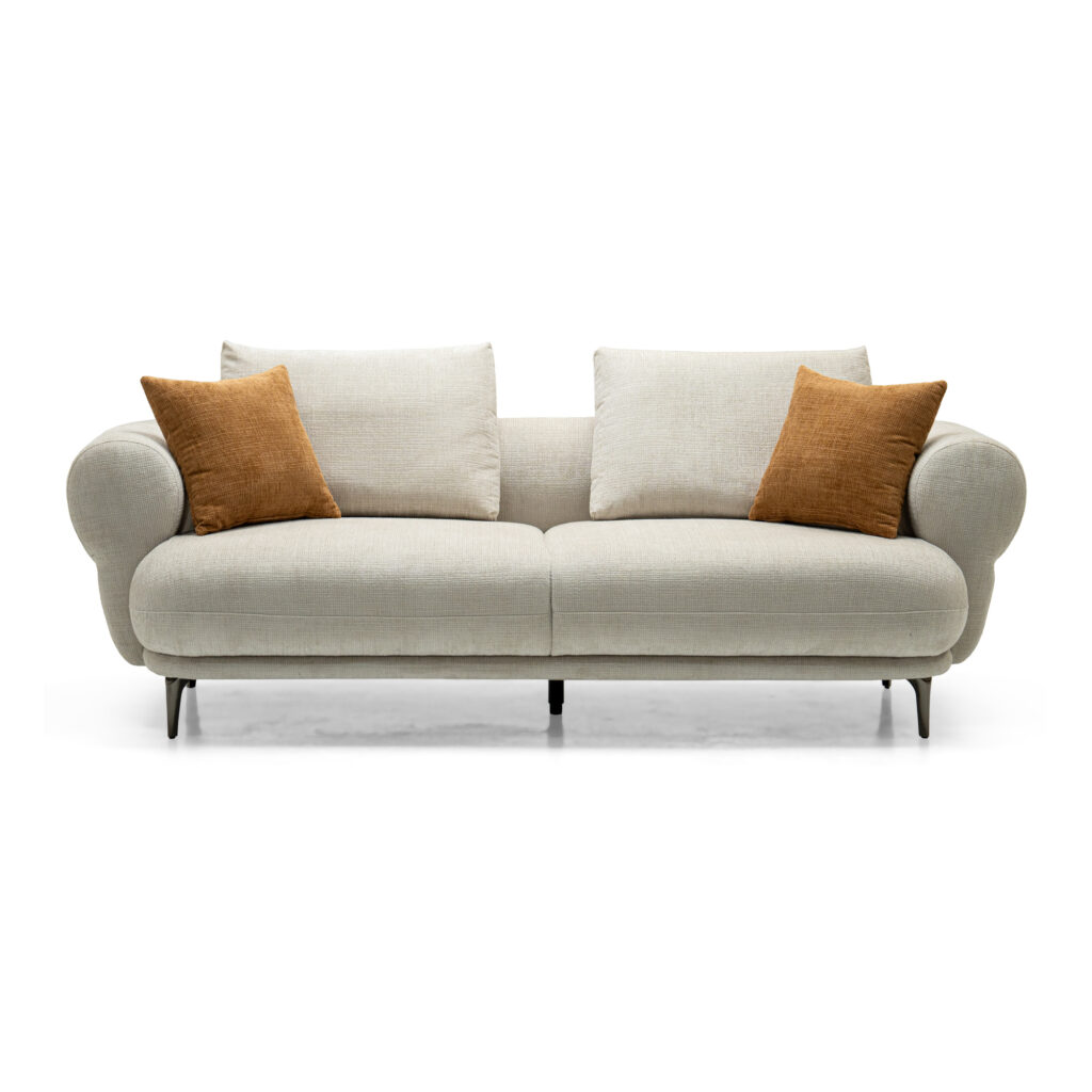 Cream Roll-Arm Three-Seat Fabric Sofa — supplier studio view
