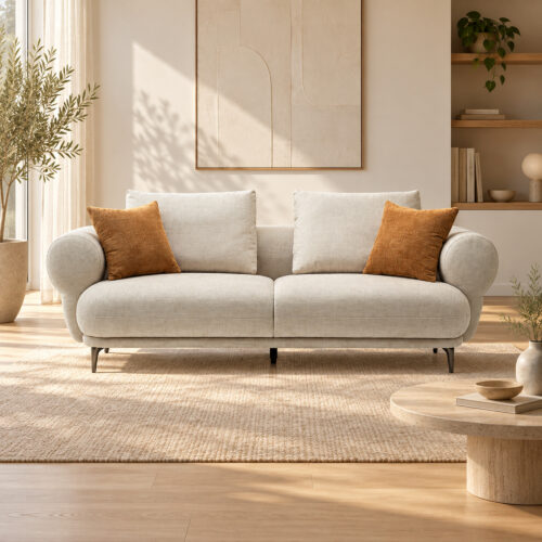 Cream Roll-Arm Three-Seat Fabric Sofa — room setting 1