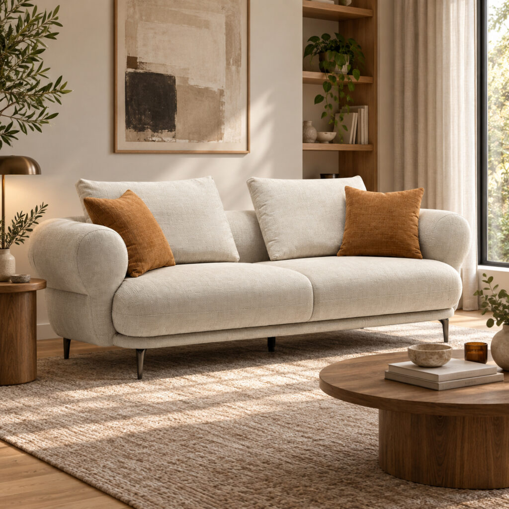 Cream Roll-Arm Three-Seat Fabric Sofa — room setting 2