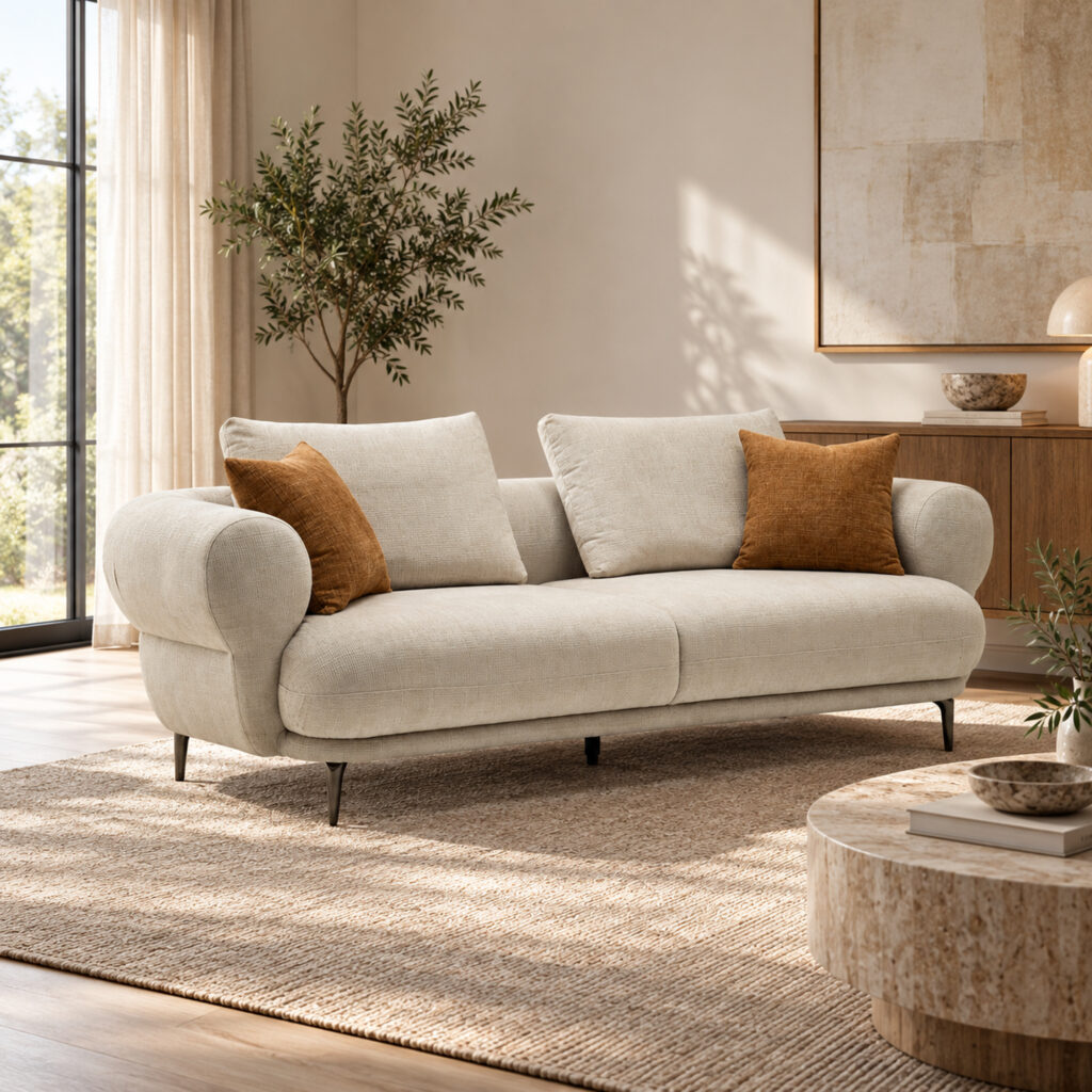Cream Roll-Arm Three-Seat Fabric Sofa — room setting 3