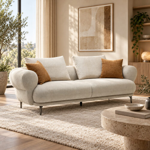 Cream Roll-Arm Three-Seat Fabric Sofa — room setting 4