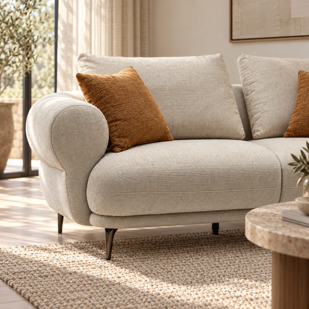 Cream Roll-Arm Three-Seat Fabric Sofa — room setting 5