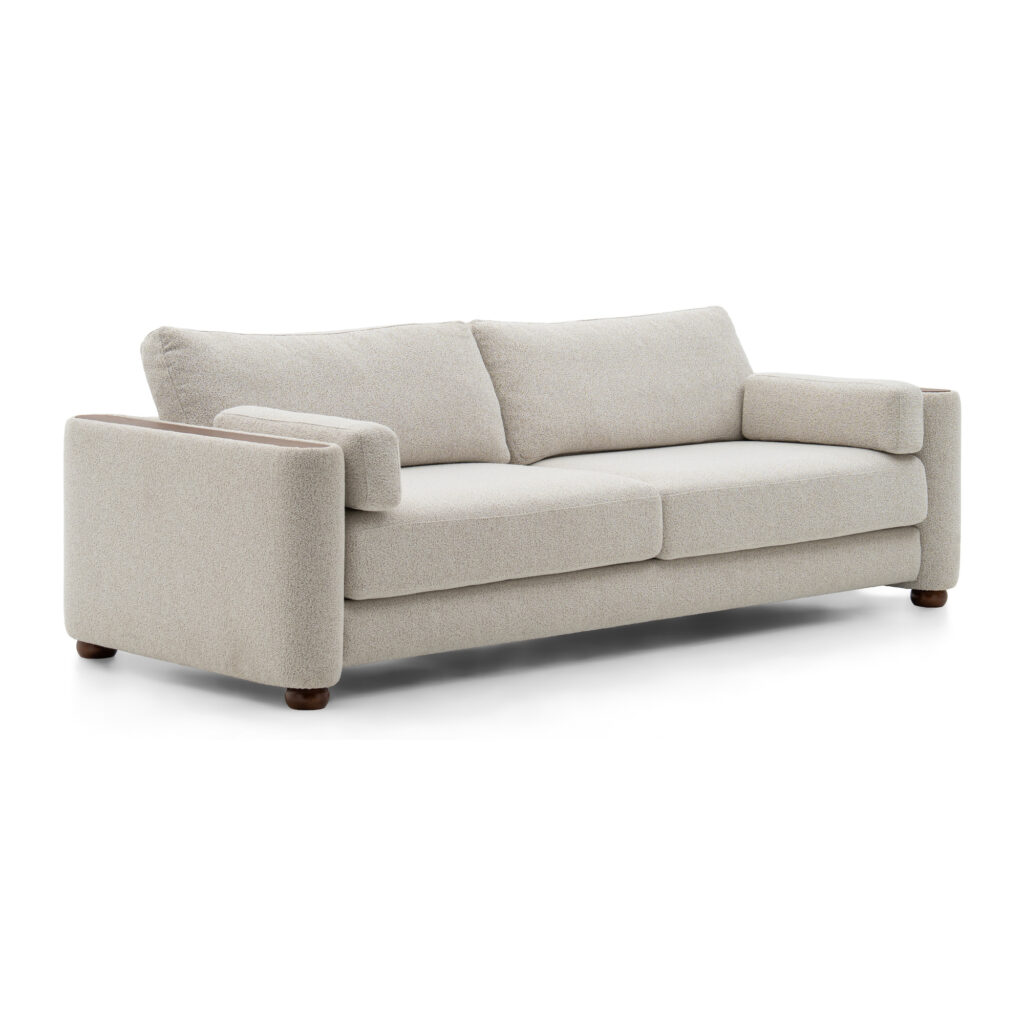 Beige Wood-Trim Three-Seat Fabric Sofa — supplier studio view