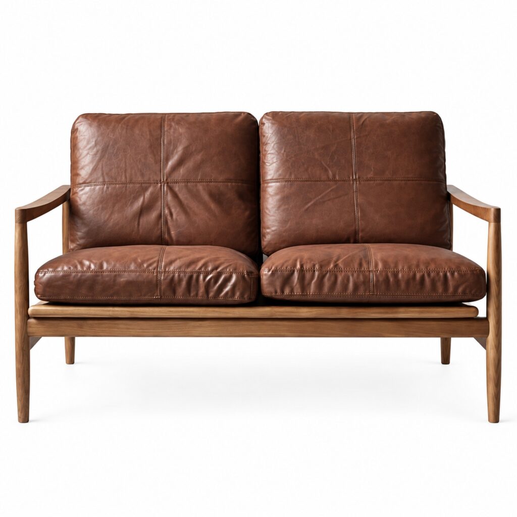 Caramel Leather Two-Seater Sofa with Ash Frame — studio product view