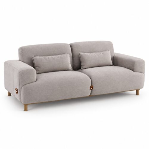 Light Coffee Two-Seater Fabric Sofa with Wood Base — studio product view